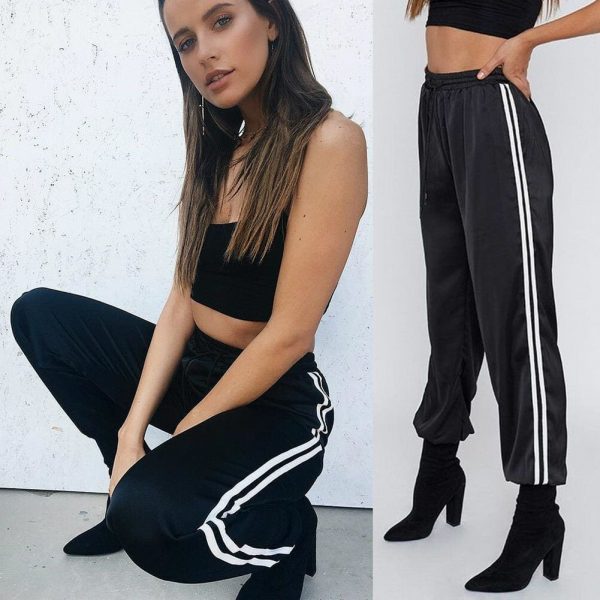 The Best Fashion Women Pants Side Striped Loose Drawstring Elastic High Waist Slim Pencil Ladies Casual Long Trouser Online - Source Silk