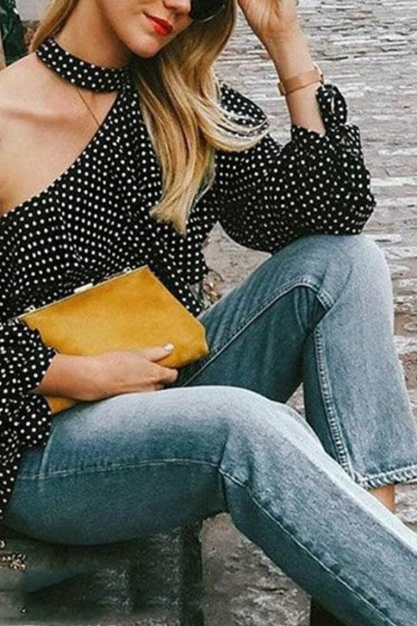 The Best Fashion Women Polka Dot Casual Tops Sexy Ladies Halter Blouse One Shoulder Long Sleeve Loose Shirts Women Clothing Online - Source Silk