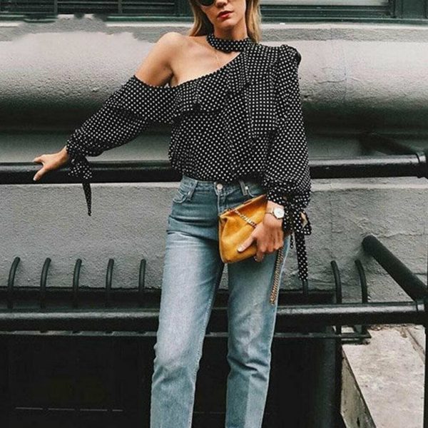 The Best Fashion Women Polka Dot Casual Tops Sexy Ladies Halter Blouse One Shoulder Long Sleeve Loose Shirts Women Clothing Online - Source Silk