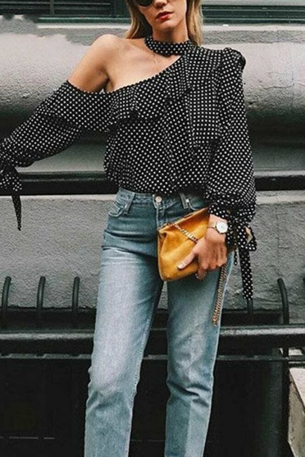 The Best Fashion Women Polka Dot Casual Tops Sexy Ladies Halter Blouse One Shoulder Long Sleeve Loose Shirts Women Clothing Online - Source Silk