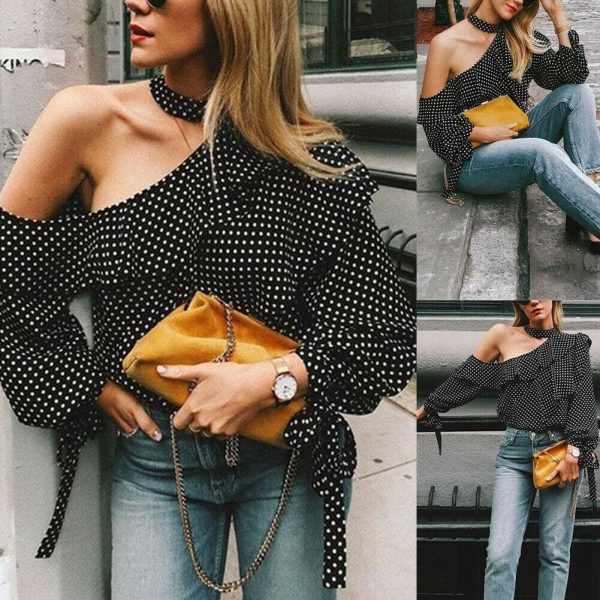 The Best Fashion Women Polka Dot Casual Tops Sexy Ladies Halter Blouse One Shoulder Long Sleeve Loose Shirts Women Clothing Online - Source Silk