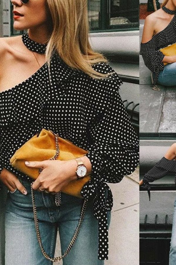 The Best Fashion Women Polka Dot Casual Tops Sexy Ladies Halter Blouse One Shoulder Long Sleeve Loose Shirts Women Clothing Online - Source Silk