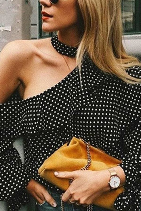 The Best Fashion Women Polka Dot Casual Tops Sexy Ladies Halter Blouse One Shoulder Long Sleeve Loose Shirts Women Clothing Online - Source Silk