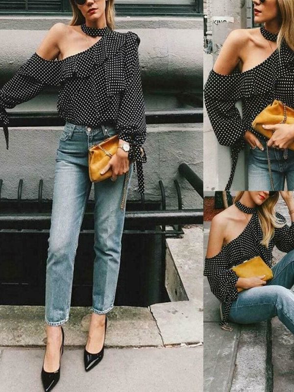 The Best Fashion Women Polka Dot Casual Tops Sexy Ladies Halter Blouse One Shoulder Long Sleeve Loose Shirts Women Clothing Online - Source Silk