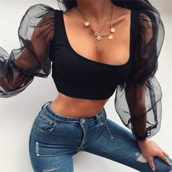 The Best Fashion Women Puff Long Sleeve Sheer Mesh Solid Vest Crop Tops Ladies Sexy Summer Beach Tank Blouse Shirt Online - Source Silk