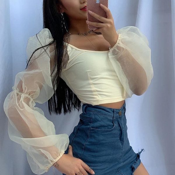 The Best Fashion Women Puff Long Sleeve Sheer Mesh Solid Vest Crop Tops Ladies Sexy Summer Beach Tank Blouse Shirt Online - Source Silk