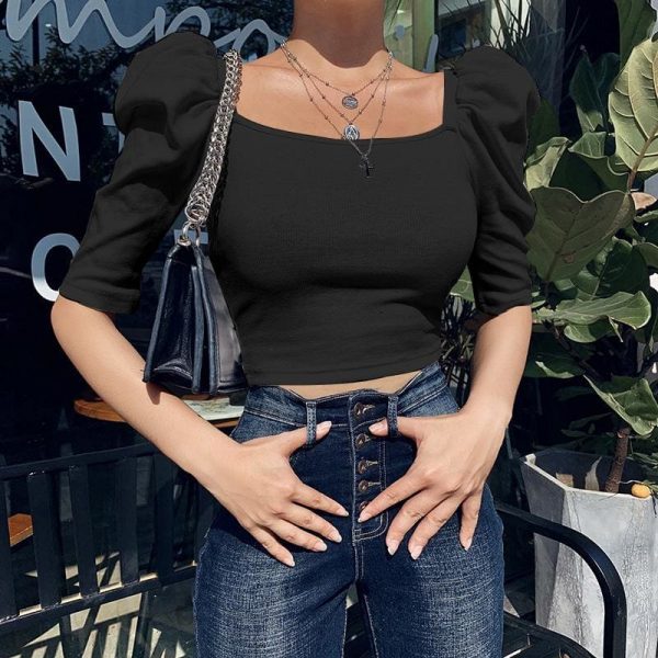 The Best Fashion Women Puff Short Sleeve Plain Blouse Shirt Pullover Spring Summer Ladies Casual Slim Jumper Tops Tee Online - Source Silk