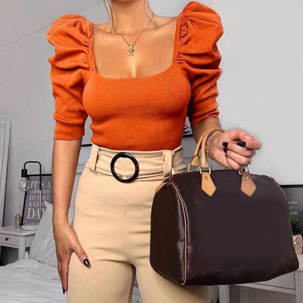 The Best Fashion Women Puff Short Sleeve Plain Blouse Shirt Pullover Spring Summer Ladies Casual Slim Jumper Tops Tee Online - Source Silk