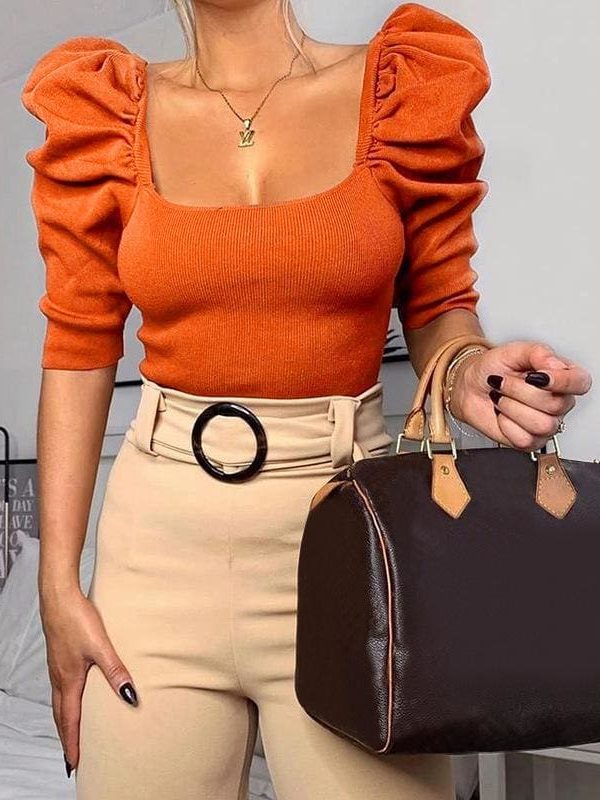 The Best Fashion Women Puff Short Sleeve Plain Blouse Shirt Pullover Spring Summer Ladies Casual Slim Jumper Tops Tee Online - Source Silk