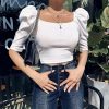 The Best Fashion Women Puff Short Sleeve Plain Blouse Shirt Pullover Spring Summer Ladies Casual Slim Jumper Tops Tee Online - Source Silk