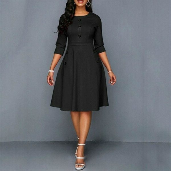 The Best Fashion Women Retro Tunic 3/4 Long Sleeved Solid Bodycon Dresses OL Ladies Summer O-Neck Solid Button Vintage Dress Online - Source Silk