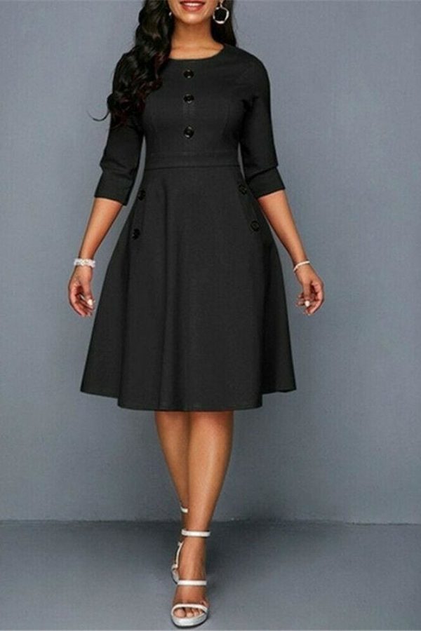 The Best Fashion Women Retro Tunic 3/4 Long Sleeved Solid Bodycon Dresses OL Ladies Summer O-Neck Solid Button Vintage Dress Online - Source Silk