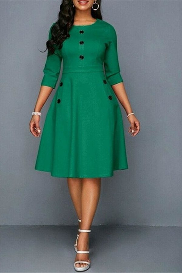 The Best Fashion Women Retro Tunic 3/4 Long Sleeved Solid Bodycon Dresses OL Ladies Summer O-Neck Solid Button Vintage Dress Online - Source Silk