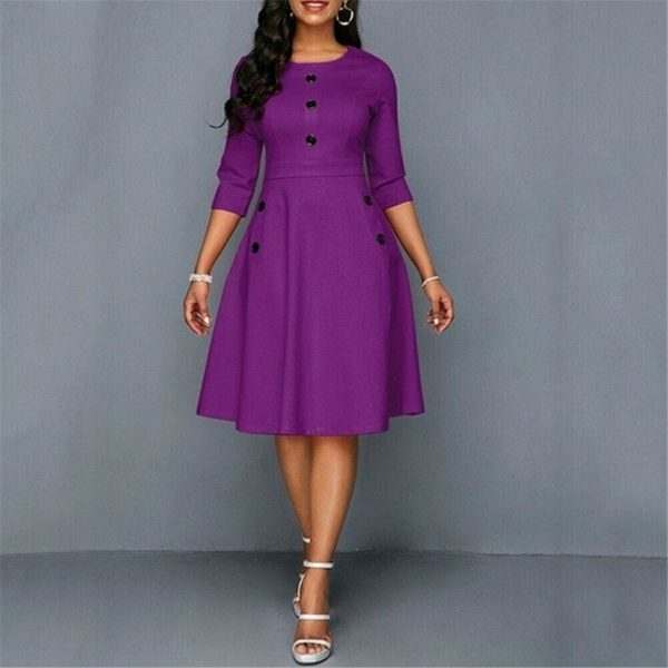 The Best Fashion Women Retro Tunic 3/4 Long Sleeved Solid Bodycon Dresses OL Ladies Summer O-Neck Solid Button Vintage Dress Online - Source Silk