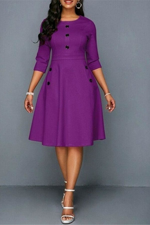 The Best Fashion Women Retro Tunic 3/4 Long Sleeved Solid Bodycon Dresses OL Ladies Summer O-Neck Solid Button Vintage Dress Online - Source Silk