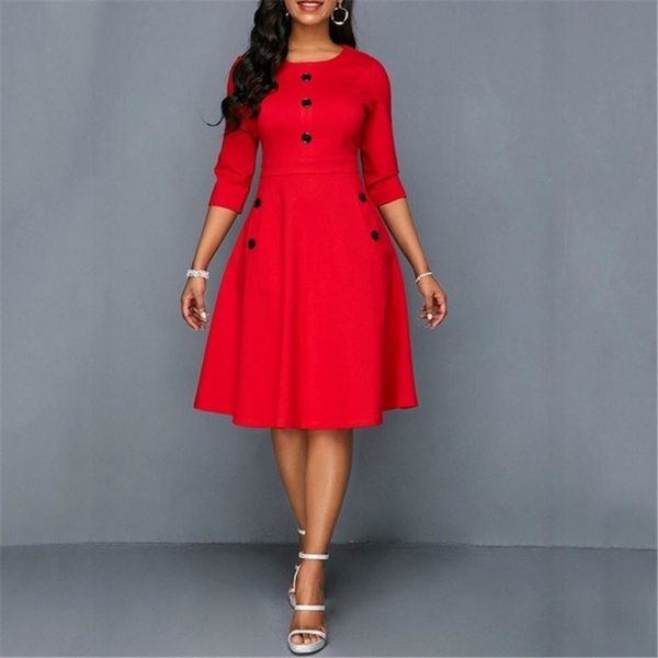 The Best Fashion Women Retro Tunic 3/4 Long Sleeved Solid Bodycon Dresses OL Ladies Summer O-Neck Solid Button Vintage Dress Online - Source Silk