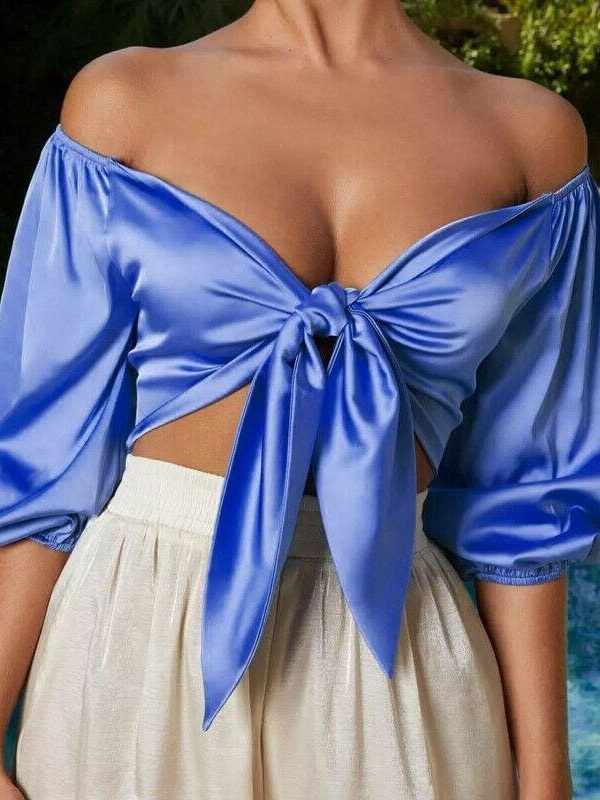 The Best Fashion Women Satin Silk Tie Knot Vest Crop Tops Bra Elegant Ladies Off Shoulder Casual Strappy Shirt Tee Blouse Online - Takalr