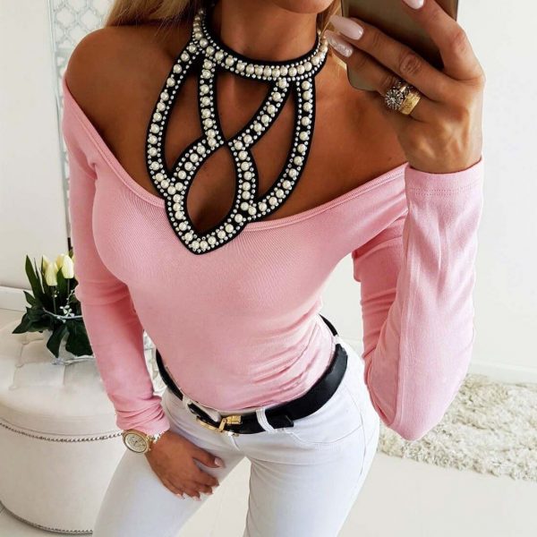 The Best Fashion Women Sexy Hollow Solid Off Shoulder Long Sleeve Slim Fit Casual Blouse Top Shirt Autumn Clothes Online - Takalr