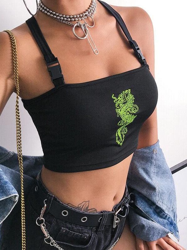 The Best Fashion Women Sexy Hot Summer Buckle Vest Boob Tube Crop Top Bralet Sheer Dragon Embroidery Stylish Cami Tank Top Online - Takalr