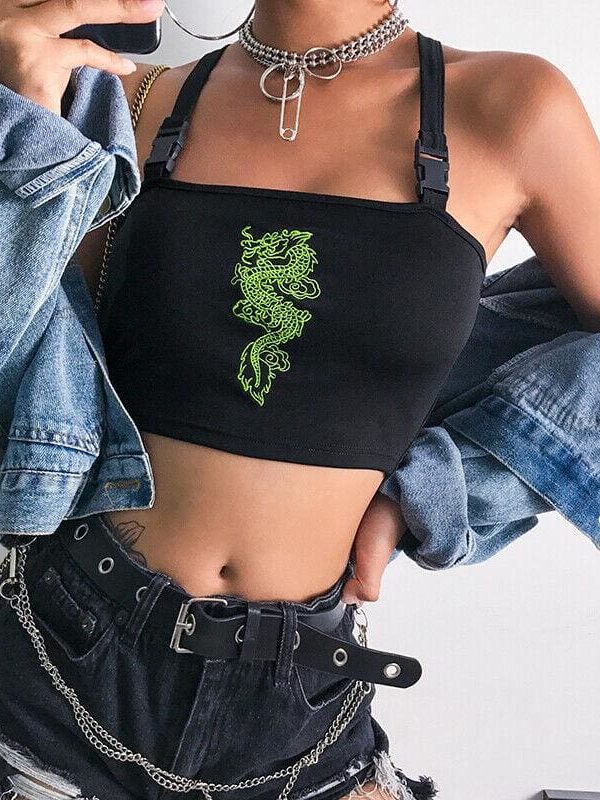 The Best Fashion Women Sexy Hot Summer Buckle Vest Boob Tube Crop Top Bralet Sheer Dragon Embroidery Stylish Cami Tank Top Online - Takalr