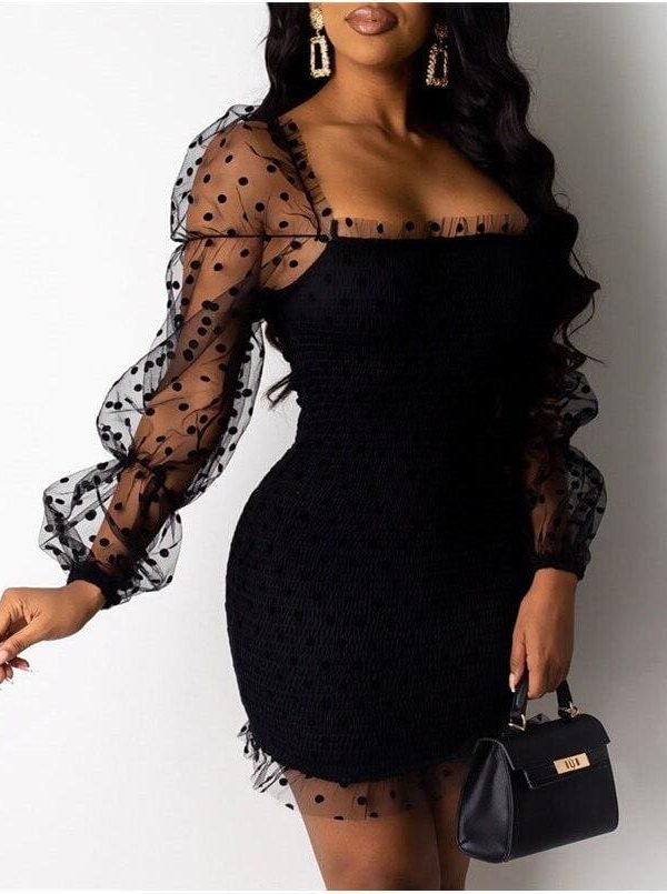 The Best Fashion Women Sexy Mesh Puff Long Sleeve Bodycon Mini Dress Elegant Ruffles Bandage Party Club Ladies Dresses Streetwear Online - Takalr