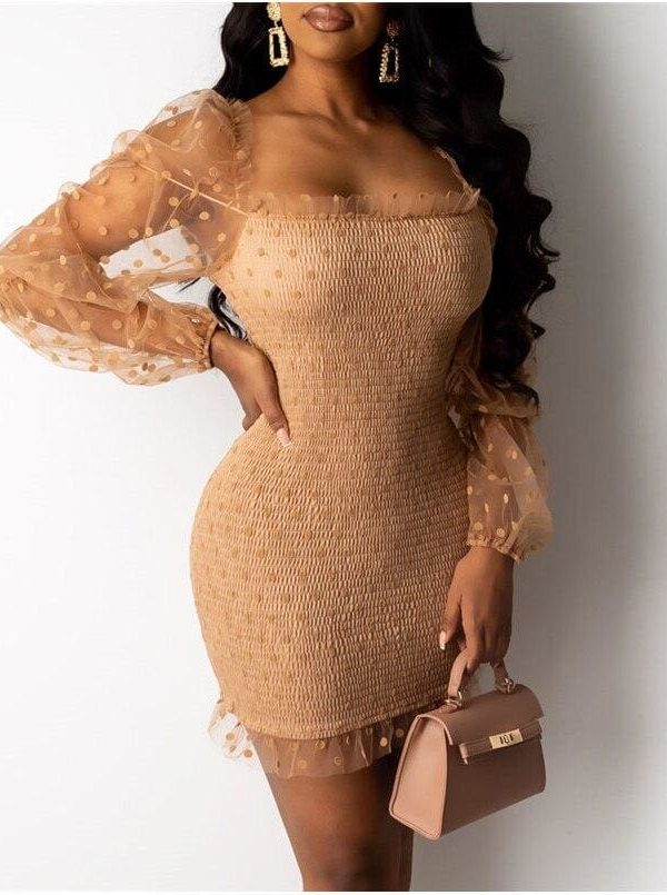 The Best Fashion Women Sexy Mesh Puff Long Sleeve Bodycon Mini Dress Elegant Ruffles Bandage Party Club Ladies Dresses Streetwear Online - Takalr