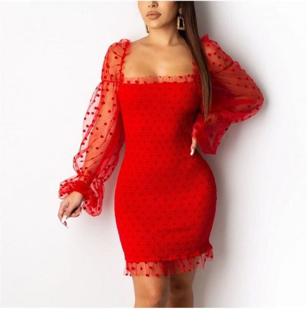 The Best Fashion Women Sexy Mesh Puff Long Sleeve Bodycon Mini Dress Elegant Ruffles Bandage Party Club Ladies Dresses Streetwear Online - Takalr