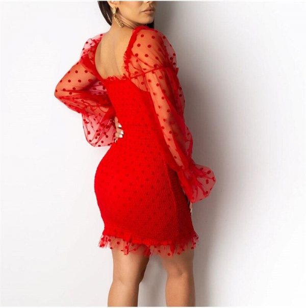 The Best Fashion Women Sexy Mesh Puff Long Sleeve Bodycon Mini Dress Elegant Ruffles Bandage Party Club Ladies Dresses Streetwear Online - Takalr