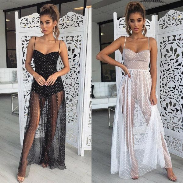 The Best Fashion Women Sexy Polka Dots Slit Ladies See-Through Long Dress 2019 Summer Party Beach Dress Sundress Online - Takalr