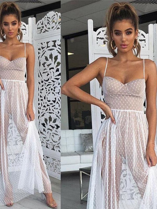 The Best Fashion Women Sexy Polka Dots Slit Ladies See-Through Long Dress 2019 Summer Party Beach Dress Sundress Online - Takalr