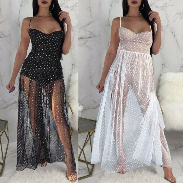 The Best Fashion Women Sexy Polka Dots Slit Ladies See-Through Long Dress 2019 Summer Party Beach Dress Sundress Online - Takalr