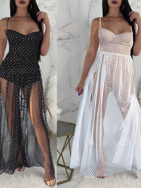 The Best Fashion Women Sexy Polka Dots Slit Ladies See-Through Long Dress 2019 Summer Party Beach Dress Sundress Online - Takalr