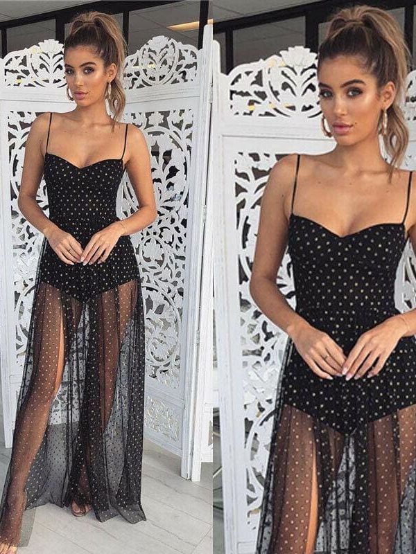 The Best Fashion Women Sexy Polka Dots Slit Ladies See-Through Long Dress 2019 Summer Party Beach Dress Sundress Online - Takalr