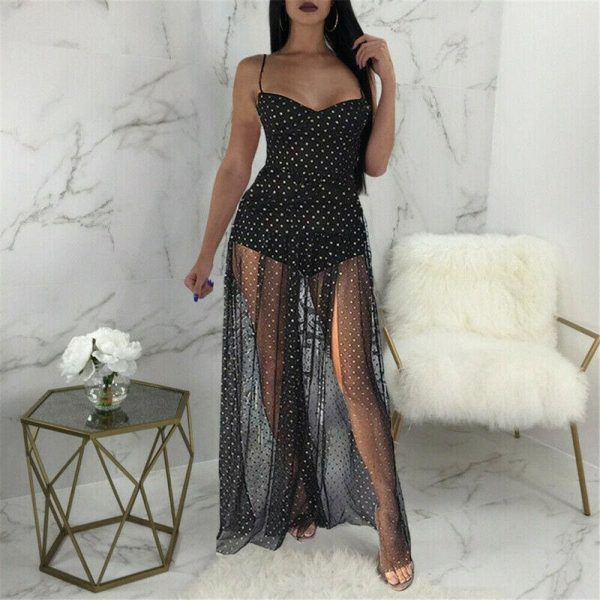 The Best Fashion Women Sexy Polka Dots Slit Ladies See-Through Long Dress 2019 Summer Party Beach Dress Sundress Online - Takalr