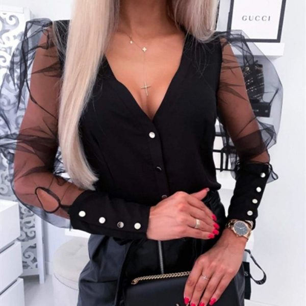 The Best Fashion Women Sheer Mesh Puff Long Sleeve Blouse Shirt Ladies Summer Autumn Casual Button Blouse Tops Tee Online - Takalr