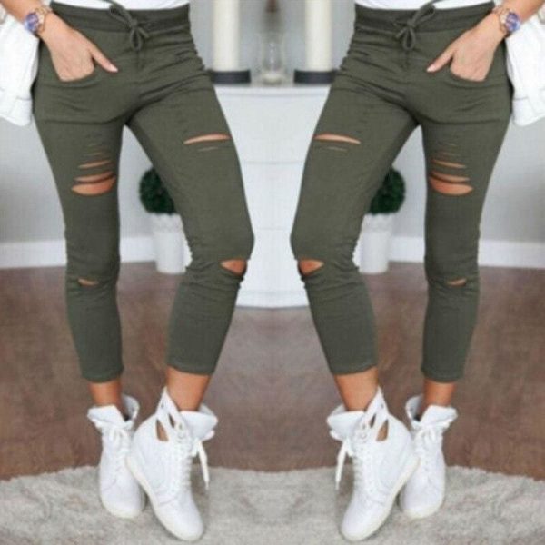 The Best Fashion Women Skinny Ripped Holes Jeans High Waist Stretch Slim Pencil Trousers Casual Solid Shredded leggings Pants Online - Takalr