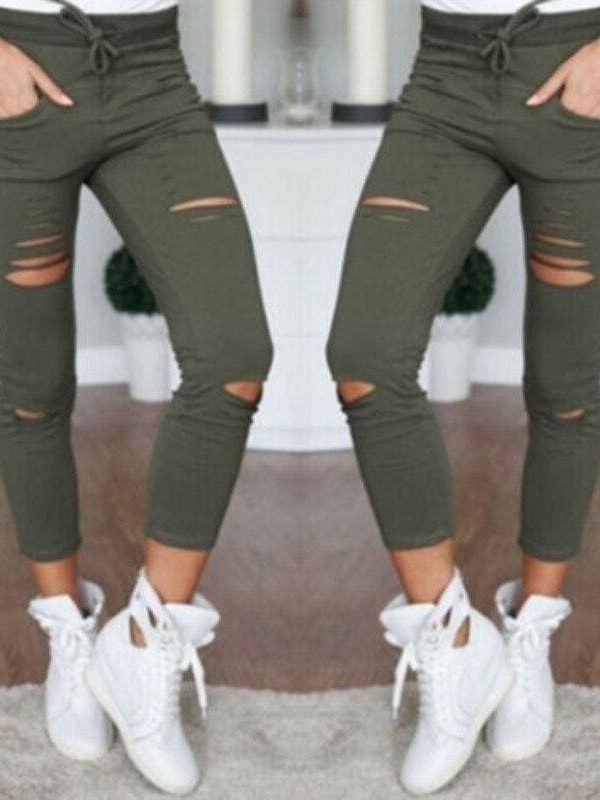 The Best Fashion Women Skinny Ripped Holes Jeans High Waist Stretch Slim Pencil Trousers Casual Solid Shredded leggings Pants Online - Takalr