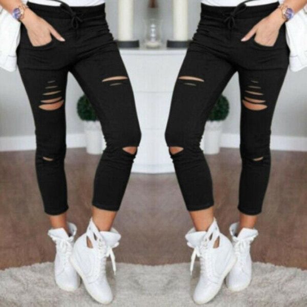 The Best Fashion Women Skinny Ripped Holes Jeans High Waist Stretch Slim Pencil Trousers Casual Solid Shredded leggings Pants Online - Takalr