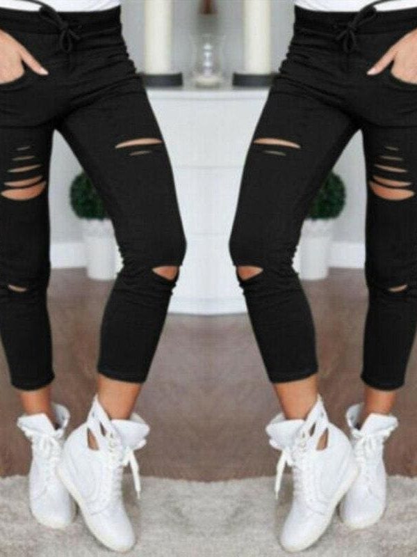 The Best Fashion Women Skinny Ripped Holes Jeans High Waist Stretch Slim Pencil Trousers Casual Solid Shredded leggings Pants Online - Takalr