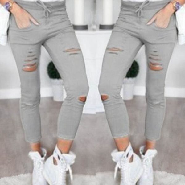 The Best Fashion Women Skinny Ripped Holes Jeans High Waist Stretch Slim Pencil Trousers Casual Solid Shredded leggings Pants Online - Takalr