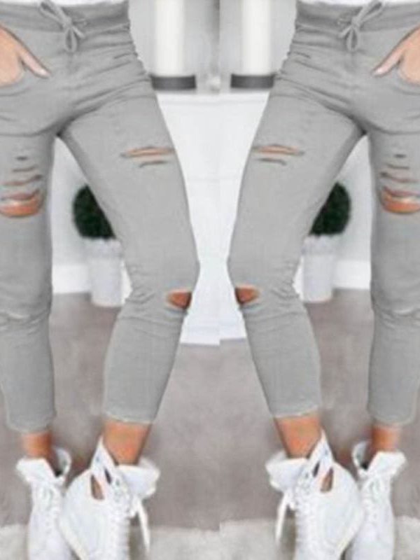 The Best Fashion Women Skinny Ripped Holes Jeans High Waist Stretch Slim Pencil Trousers Casual Solid Shredded leggings Pants Online - Takalr