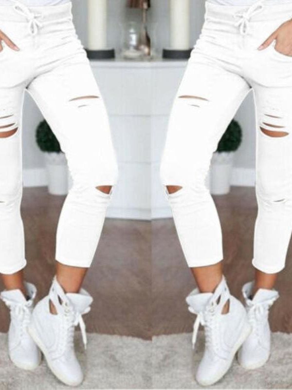 The Best Fashion Women Skinny Ripped Holes Jeans High Waist Stretch Slim Pencil Trousers Casual Solid Shredded leggings Pants Online - Takalr