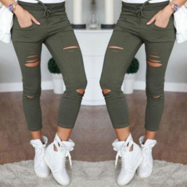 The Best Fashion Women Skinny Ripped Holes Jeans High Waist Stretch Slim Pencil Trousers Casual Solid Shredded leggings Pants Online - Takalr