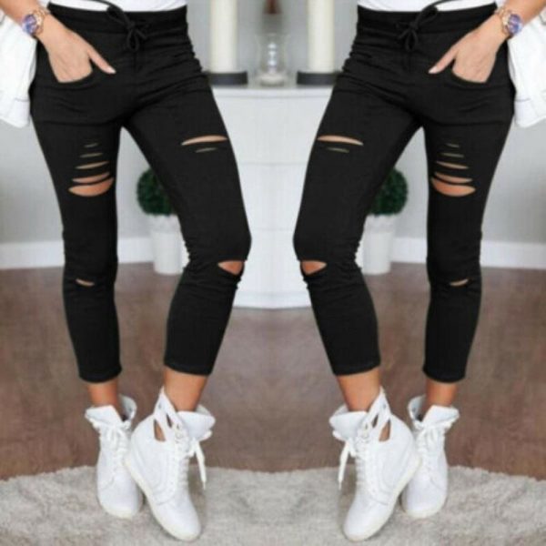 The Best Fashion Women Skinny Ripped Holes Jeans High Waist Stretch Slim Pencil Trousers Casual Solid Shredded leggings Pants Online - Takalr