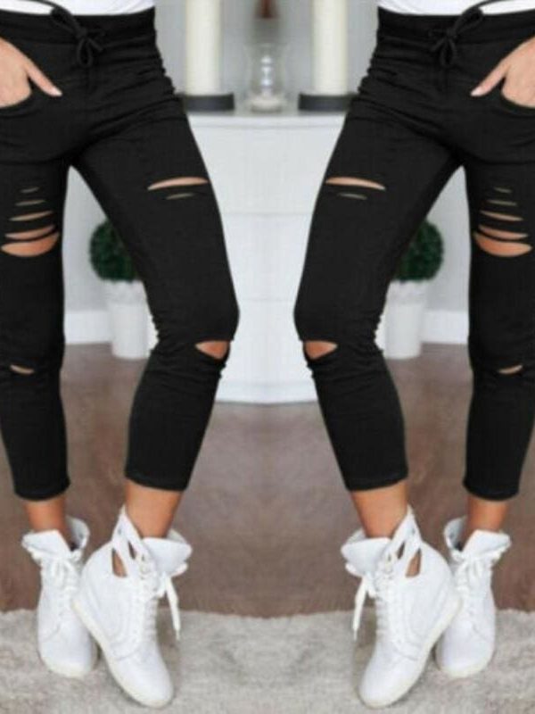 The Best Fashion Women Skinny Ripped Holes Jeans High Waist Stretch Slim Pencil Trousers Casual Solid Shredded leggings Pants Online - Takalr