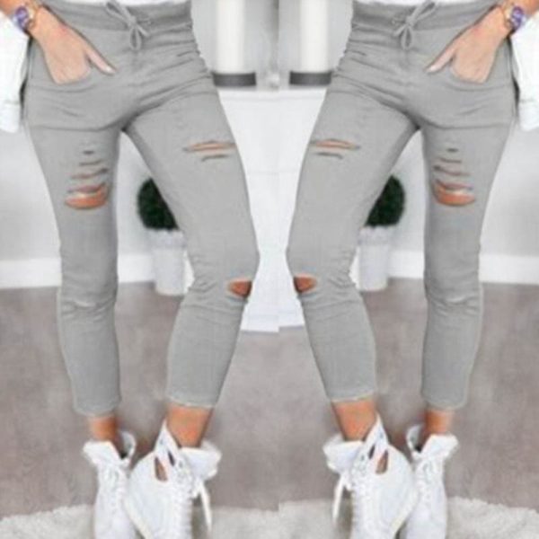 The Best Fashion Women Skinny Ripped Holes Jeans High Waist Stretch Slim Pencil Trousers Casual Solid Shredded leggings Pants Online - Takalr