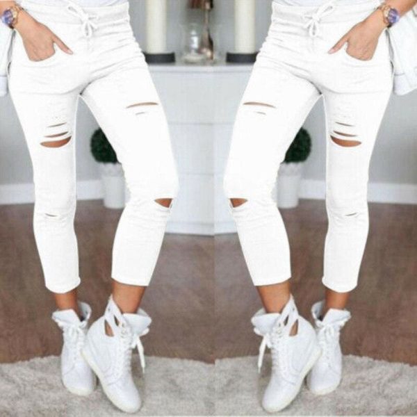 The Best Fashion Women Skinny Ripped Holes Jeans High Waist Stretch Slim Pencil Trousers Casual Solid Shredded leggings Pants Online - Takalr