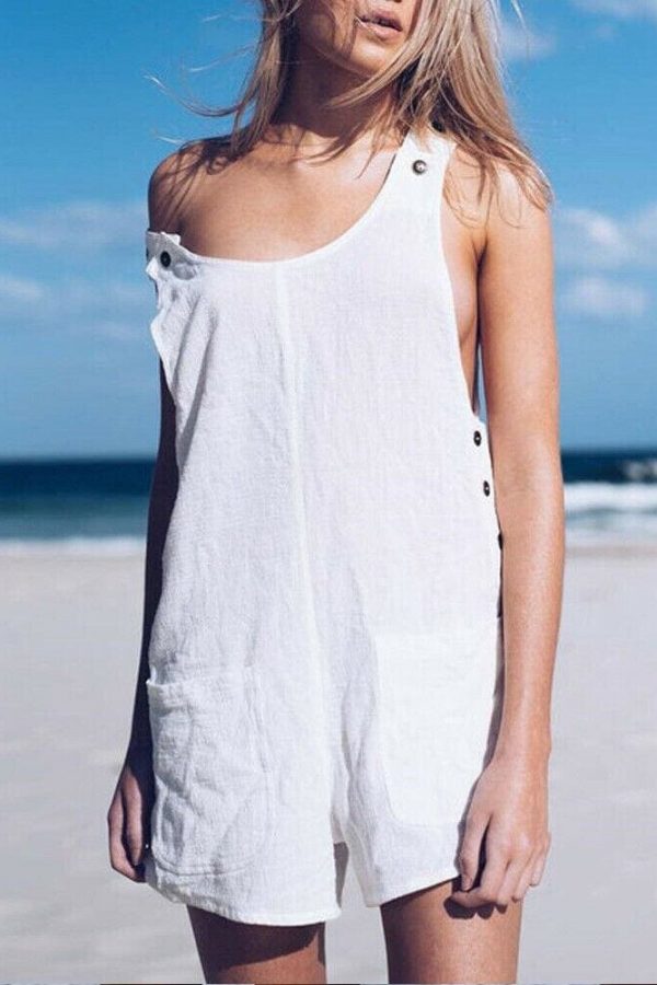 The Best Fashion Women Sleeveless Linen V-Neck Pockets Rompers Summer New Ladies Solid Playsuits Holiday Casual Playsuit Plus Size Online - Takalr