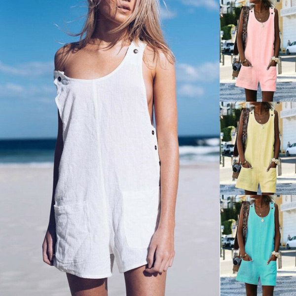 The Best Fashion Women Sleeveless Linen V-Neck Pockets Rompers Summer New Ladies Solid Playsuits Holiday Casual Playsuit Plus Size Online - Takalr