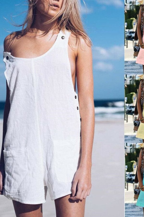 The Best Fashion Women Sleeveless Linen V-Neck Pockets Rompers Summer New Ladies Solid Playsuits Holiday Casual Playsuit Plus Size Online - Takalr